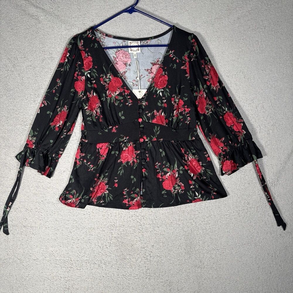 NWT‎ Tru Self Babydoll Top Size M Black Red Roses Dark Floral Whimsigoth Fairy